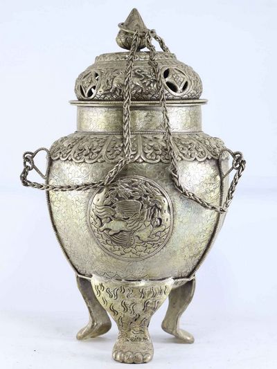 Copper Incense Burner [full Silver Plated], [fine Carving], [hanging & Swinging]