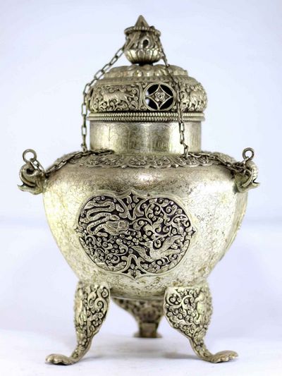 Copper Incense Burner [full Silver Plated], [fine Carving], [hanging & Swinging]