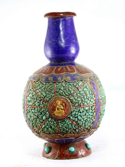 Tibetan Flower Vase : Vase With [stone Setting], [tara Manjushri], [tourquise Coral And Lapis]