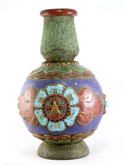 Tibetan Flower Vase : Vase With [stone Setting], [buddha And Padmasambhava], [tourquise Coral And Lapis]