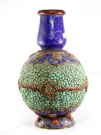 Tibetan Flower Vase :vase With [stone Setting], [ashtamangala], [tourquise Coral And Lapis]