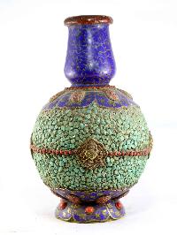 Tibetan Flower Vase :vase With [stone Setting], [ashtamangala], [tourquise Coral And Lapis]