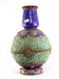 Tibetan Flower Vase :vase With [stone Setting], [ashtamangala], [tourquise Coral And Lapis]