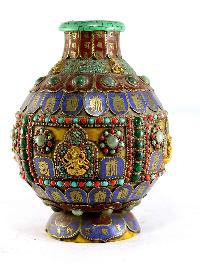 Tibetan Flower Vase : Vase With [stone Setting], [padmasambhava, Green Tara, Vasudhara, Manjushri], [tourquise, Amber, Coral And Lapis]