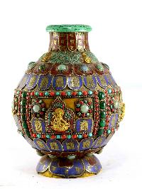 Tibetan Flower Vase : Vase With [stone Setting], [padmasambhava, Green Tara, Vasudhara, Manjushri], [tourquise, Amber, Coral And Lapis]