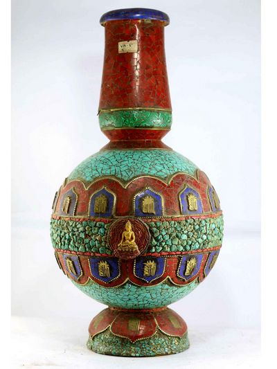 Tibetan Flower Vase : Vase With [stone Setting], [buddha], [tourquise Coral And Lapis]