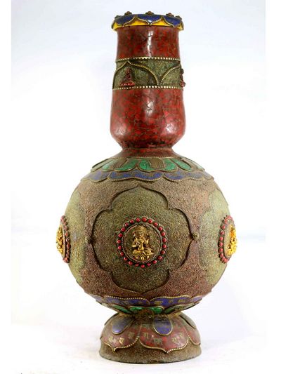 Tibetan Flower Vase : Vase With [stone Setting], [buddha], [tourquise Coral And Lapis]