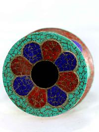 Copper Tibetan Flower Vase :vase With [stone Setting], [buddha], [real Tourquise, Imitation Coral]