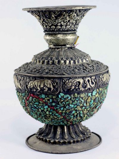 White Metal Tibetan Flower Vase : Vase With [real Turquoise]