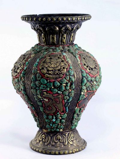 White Metal Tibetan Flower Vase : Vase With [real Turquoise] And Other Stones