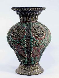 White Metal Tibetan Flower Vase : Vase With [real Turquoise] And Other Stones