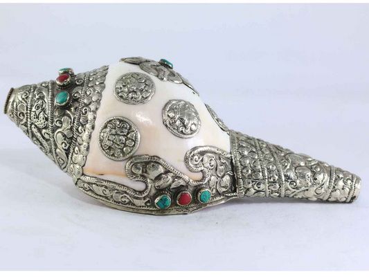 White Metal Conch Shell With Ashtamangala