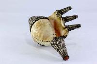 Unique Tibetan Traditional Conch Shell Will Silver Plated Carving And Embabed Stones