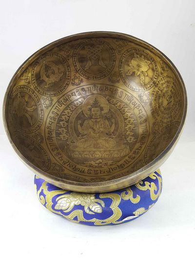 Solar Chakra High Quality Singing Bowl [jambati], With Chenrezig At The Centre And Ashtamangala, [select Accessories]