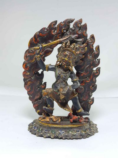 Copper Black Manjushri Statue With Thanka Color And Antique Finishing