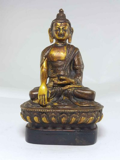 Copper Shakyamuni Buddha With Wooden Base And Antique Finishing
