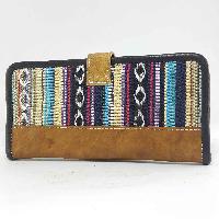 Leather And Gheri Cotton Purse [7 Pocket], [1 Zip], [button Lock]