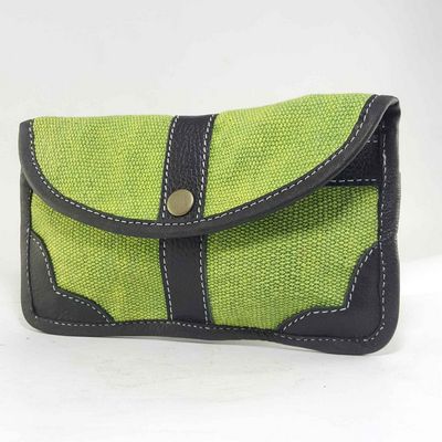 Leather And Gheri Cotton Purse [2 Pocket], [1 Zip], [button Lock]