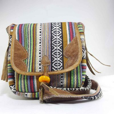 Gheri Cotton And Leather Shoulder Bag [2 Pocket], [1 Zip], [amber Button Lock]