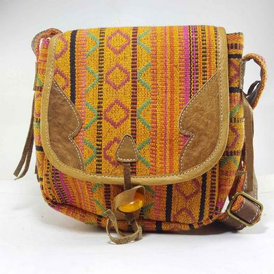 Gheri Cotton And Leather Shoulder Bag [2 Pocket], [1 Zip], [amber Button Lock]