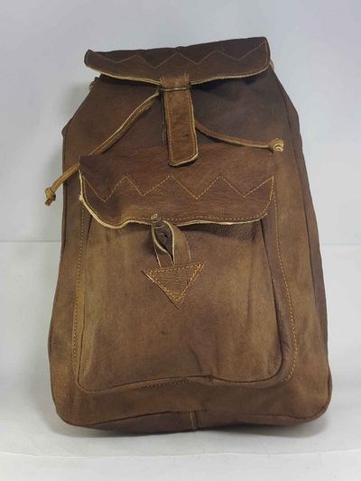 Himalayan Yak Leather Backpack Bag [2 Pocket], [leather Strip Lock], [leather Button Lock], [leather Lace]