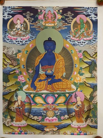 Medicine Buddha Real Hand Painted Thanka Painting [real Gold], [hq], [one Hair Brush], [lamas Painting]