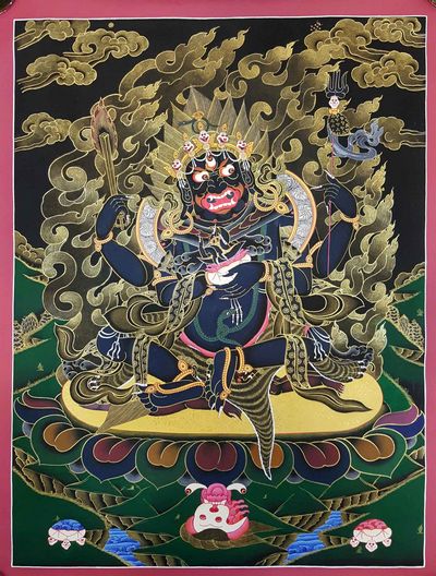 Mahakala Four Arms Tibetan Hand Painted Thangka [real Gold]