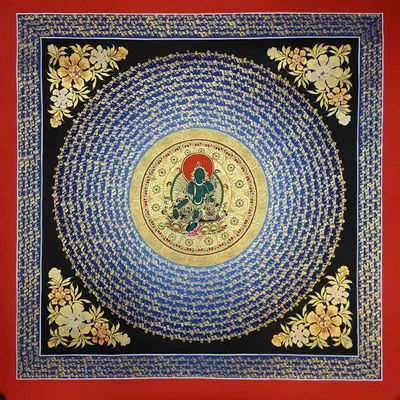 Om Mani Padme Hum Mantra Hand Painted Tibetan Thangka With Green Tara At Centre