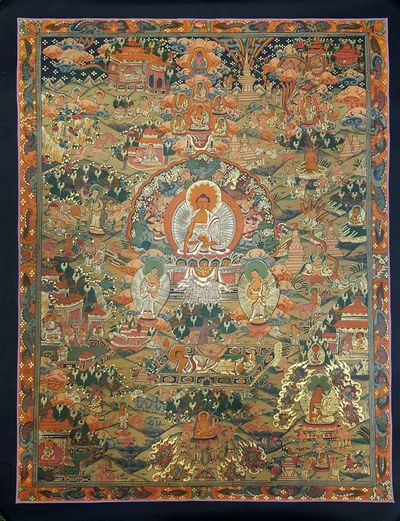 Buddha Life Story Hand Made Tibetan Thangka [smoke Antique]