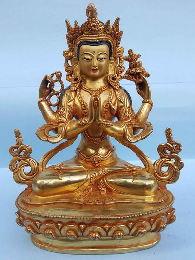 Chenrezig - Tibetan Handmade Statue [full Fire Gold Plated], [painted Face]
