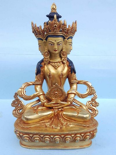 Three Faced God - Tibetan Handmade Statue [full Fire Gold Plated], [painted Face]