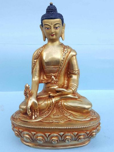 Medicine Buddha - Tibetan Handmade Statue [full Fire Gold Plated], [painted Face]