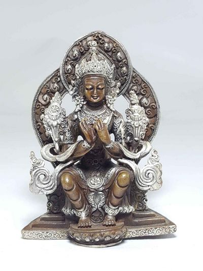 Statue Of Maitreya Buddha On A Throne [silver Plated], [chocolate Oxidized]