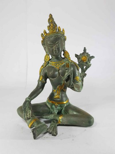 Arya Tara Statue [sand Casting], [gold Color, Black Green Antique Finishing]