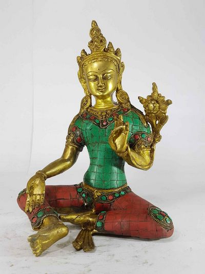 Arya Green Tara Statue [sand Casting], [stone Setting], [imitation Turquoise, Coral, Lapis]
