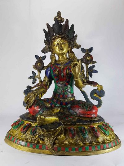 Tibetan Green Tara Statue [sand Casting], [stone Setting], [imitation Turquoise, Coral, Lapis]