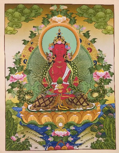 Amitayus, Aparimita Tibetan Hand Painted Buddhist Thangka [real Gold], [traditional Color], Chepame