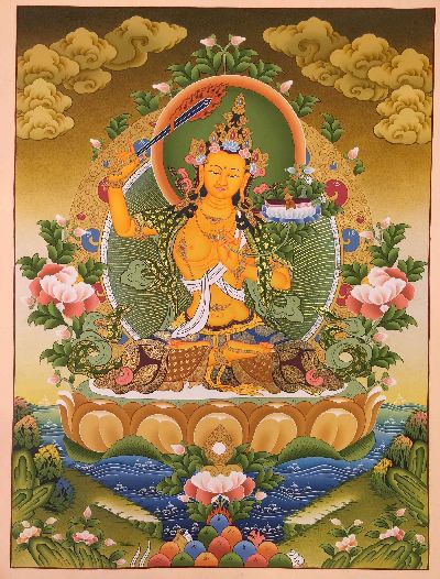 Manjushri Tibetan Hand Painted Buddhist Thangka [real Gold], [traditional Color]