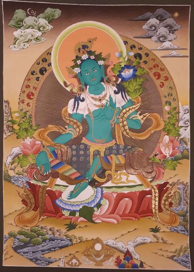 Green Tara Tibetan Hand Painted Buddhist Thangka [real Gold], [traditional Color]