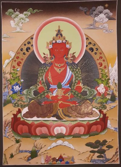 Amitayus, Aparimita Tibetan Hand Painted Buddhist Thangka [real Gold], [traditional Color], Chepame