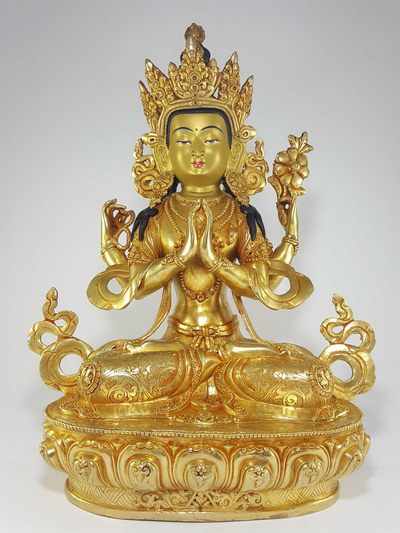 Statue Of Chenrezig [kharcheri], [avalokitesvara], [full Fire Gold Plated], [painted Face], [deep Hand Carving]