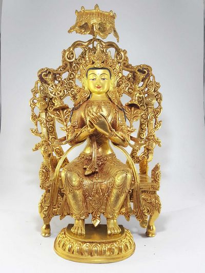 Statue Of Maitreya Buddha [full Gold Plated], [painted Face], [deep Hand Carving]