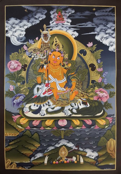 Tibetan Thangka Of Namtose Vaisravana Lion Jambhala, Dzambhala, High Quality Real Gold And Tibetan Colors