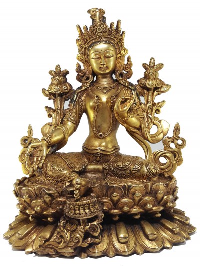 Green Tara Statue [full Gold Plated] With [antique Finishing] And Double Lotus Base
