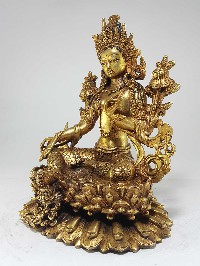 Green Tara Statue [full Gold Plated] With [antique Finishing] And Double Lotus Base