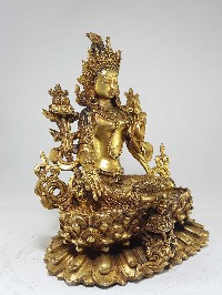 Green Tara Statue [full Gold Plated] With [antique Finishing] And Double Lotus Base