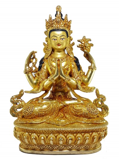 Statue Chenrezig [full Fire Gold Plated] And [painted Face] And Deep Carving