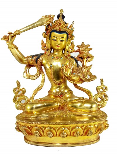 Statue Of Manjushri [full Fire Gold Plated] With [painted Face]