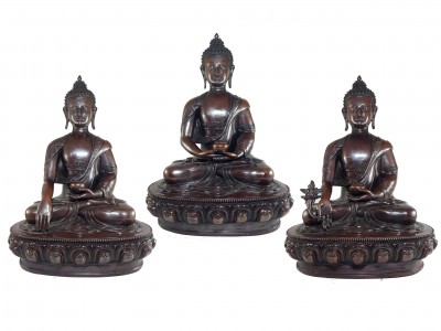 Statue Set Of Shakyamuni Buddha, Amitabha Buddha And Medicine Buddha In Chocolate Finishing
