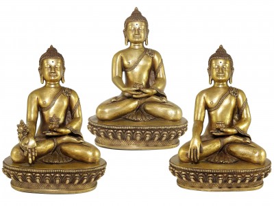 Statue Set Of Shakyamuni Buddha, Amitabha Buddha And Medicine Buddha In Bronze Finishing